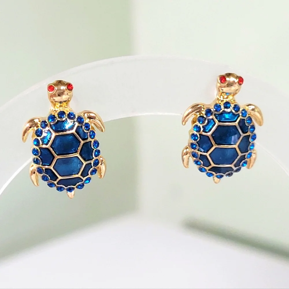 NWT ADORABLE Gold and Blue Turtle Earrings Studs Trimmed In Blue Crystals.